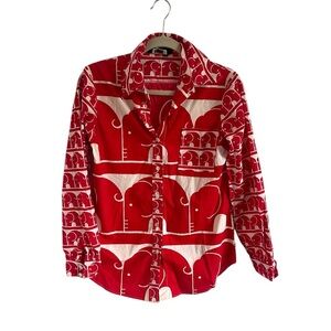 Vintage 70s Gabrielle Fouell Elephant Red and White Block Print Top